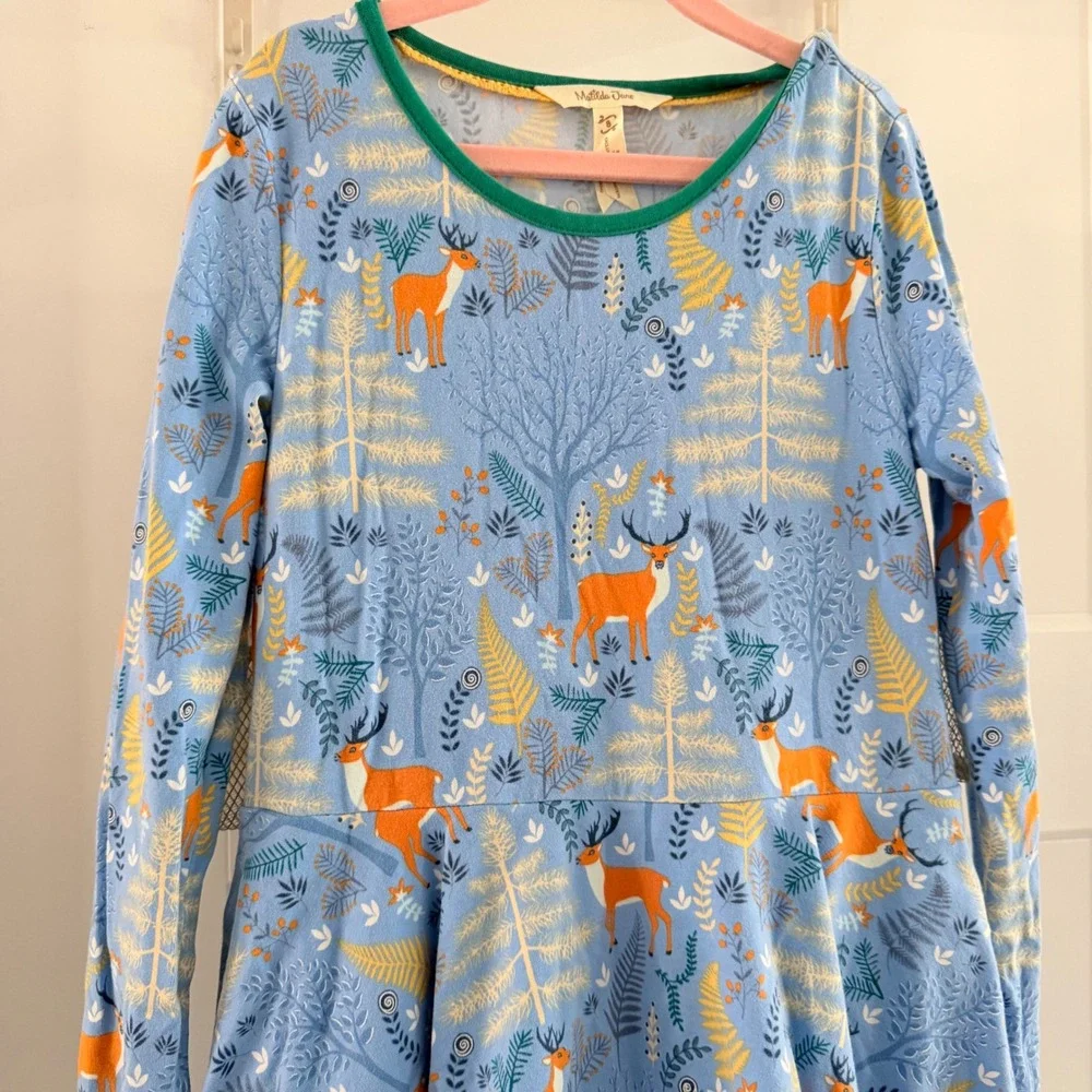 Matilda Jane Girls Neck of the‎ Woods Blue Deer Print Ruffle Dress Size 8